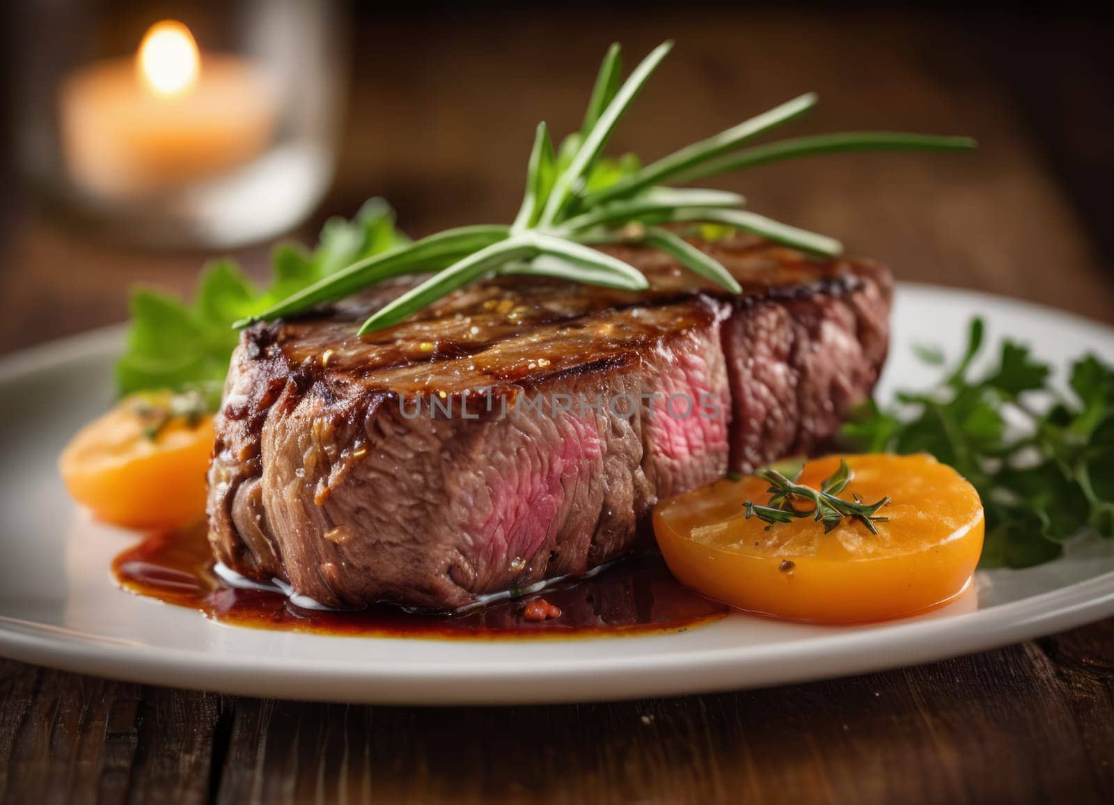 A cozy and delicious meal, featuring a grilled steak with a savory sauce, golden-brown fries, fresh tomatoes, creamy mashed potatoes, and a bowl of extra sauce. The meal is set on a dark wooden table, creating a warm and inviting ambiance. A glass of red wine complements the dish.