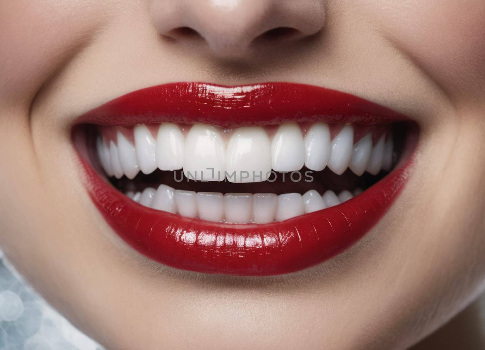 A close-up image capturing a radiant and confident smile. The individual s teeth are perfectly white and well-aligned showcasing optimal oral health and beauty. Ideal for dental care and beauty promotions.