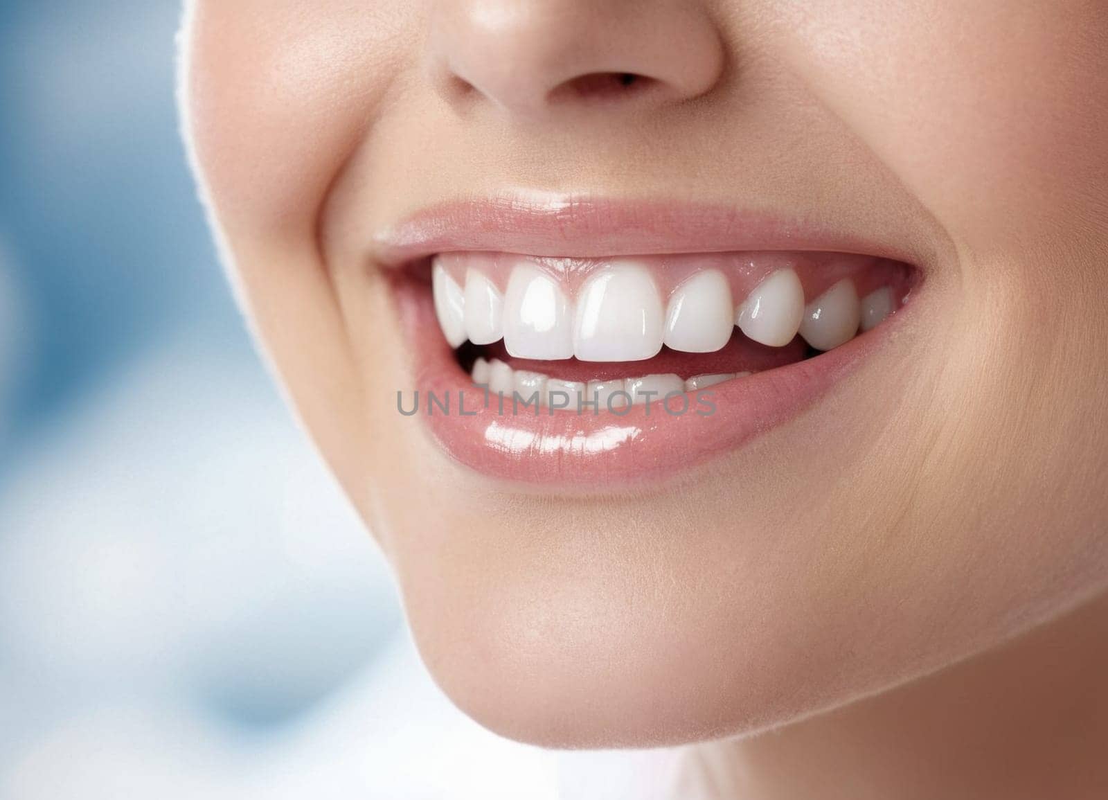 A close-up image capturing a radiant and confident smile. The individual s teeth are perfectly white and well-aligned showcasing optimal oral health and beauty. Ideal for dental care and beauty promotions.