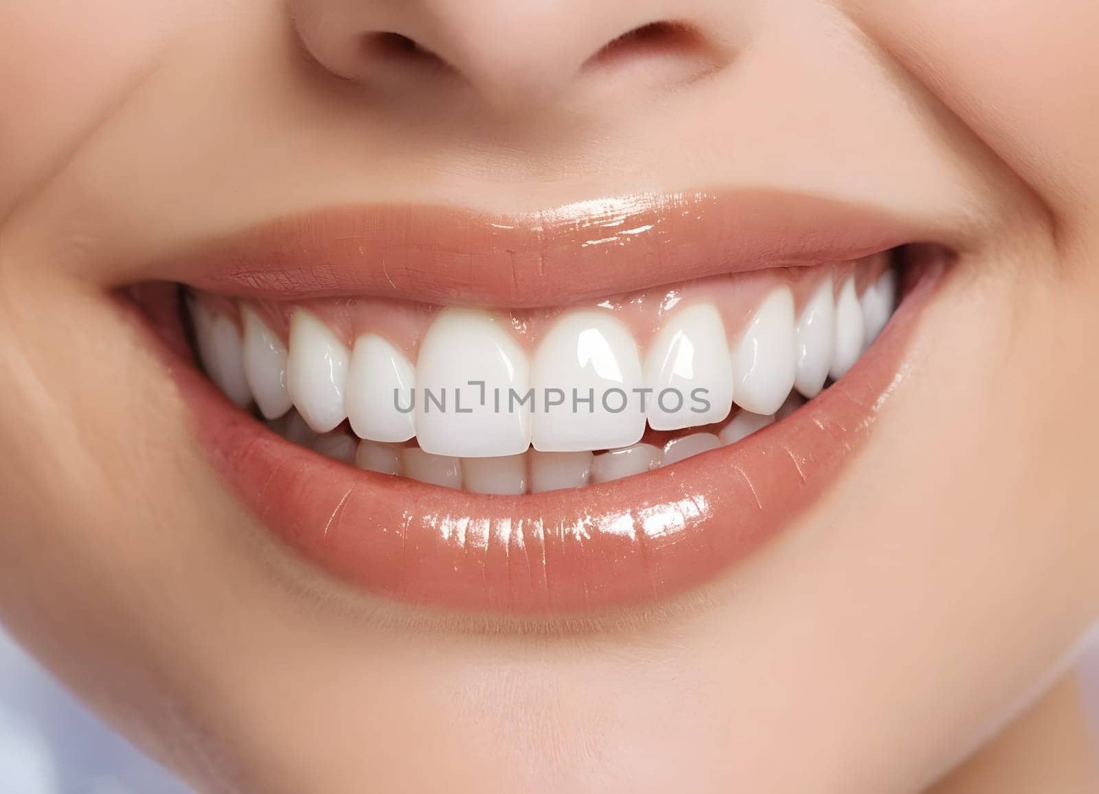 A close-up image capturing a radiant and confident smile. The individual s teeth are perfectly white and well-aligned showcasing optimal oral health and beauty. Ideal for dental care and beauty promotions.