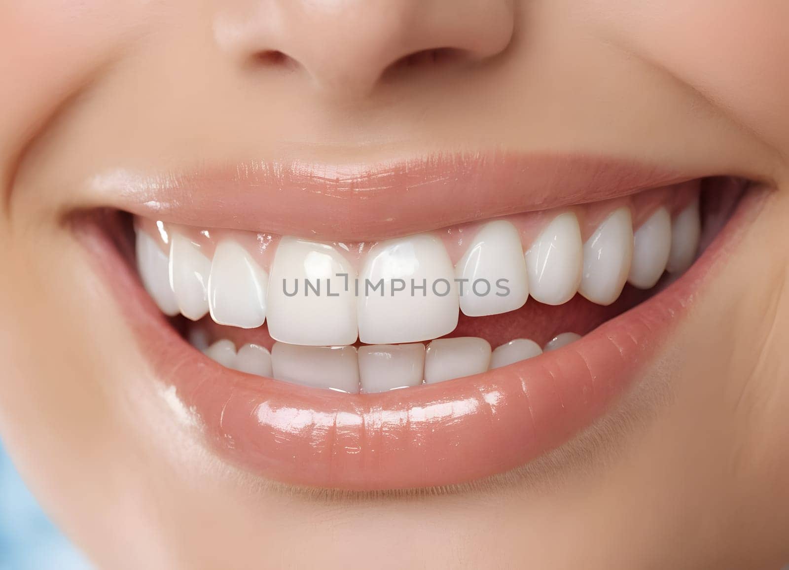 A close-up image capturing a radiant and confident smile. The individual s teeth are perfectly white and well-aligned showcasing optimal oral health and beauty. Ideal for dental care and beauty promotions.