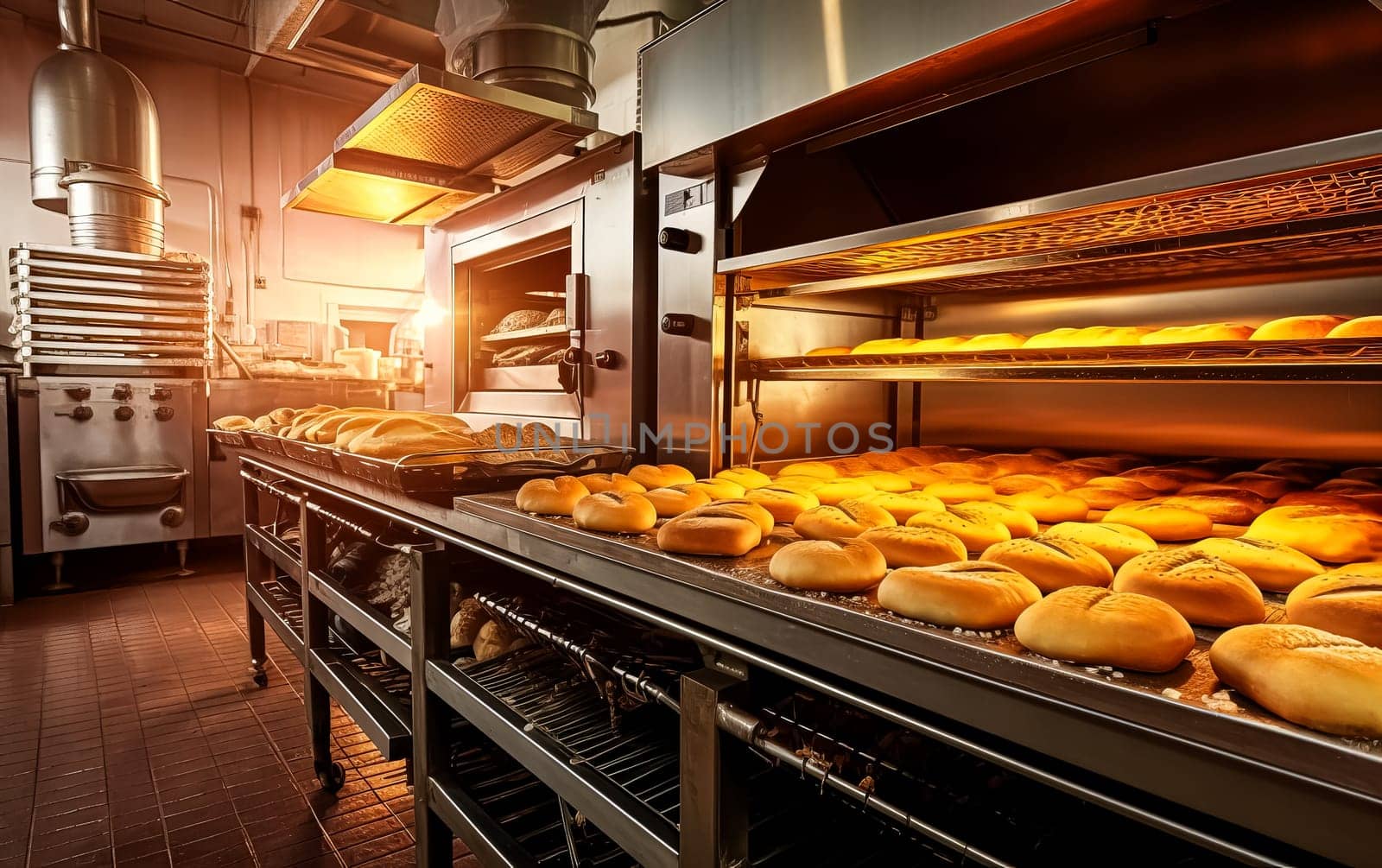 Step into the heart of the bakery, capturing the essence of bread and buns baking. A tantalizing view inside, showcasing the artistry and warmth of the baking process.