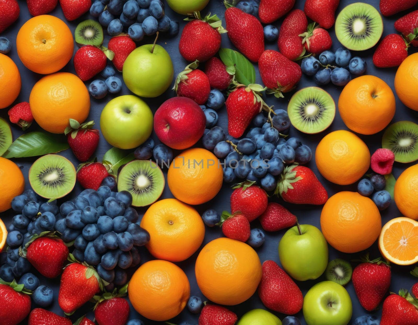 A colorful and vibrant assortment of fresh fruits and berries fills the frame. The mix includes sliced oranges and kiwis amidst whole strawberries and blueberries. A visual feast that highlights nature s variety in colors and shapes.