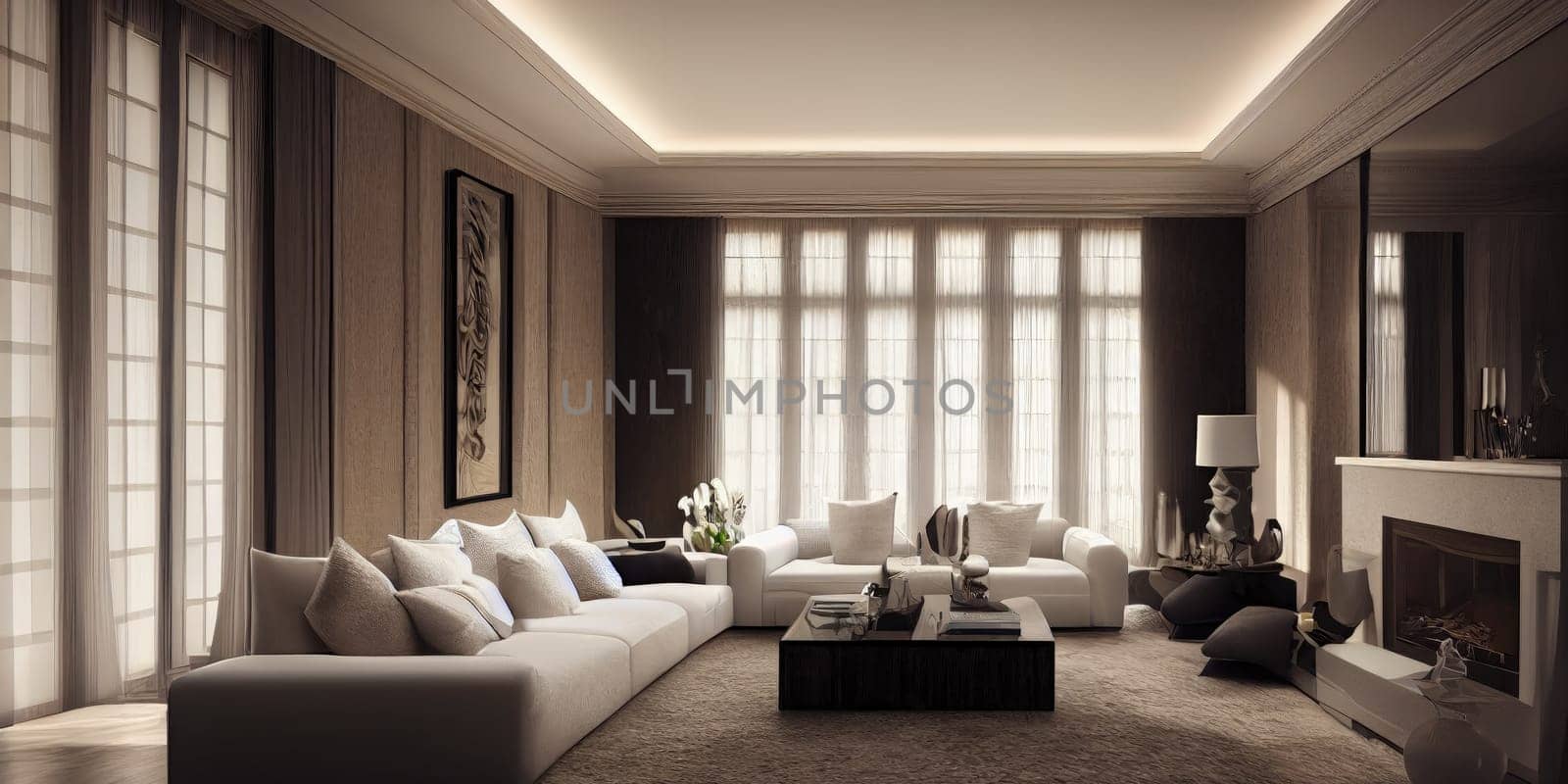 Large luxury modern elegant interiors Living room mockup. Modern style of furniture decoration. Generative AI illustration