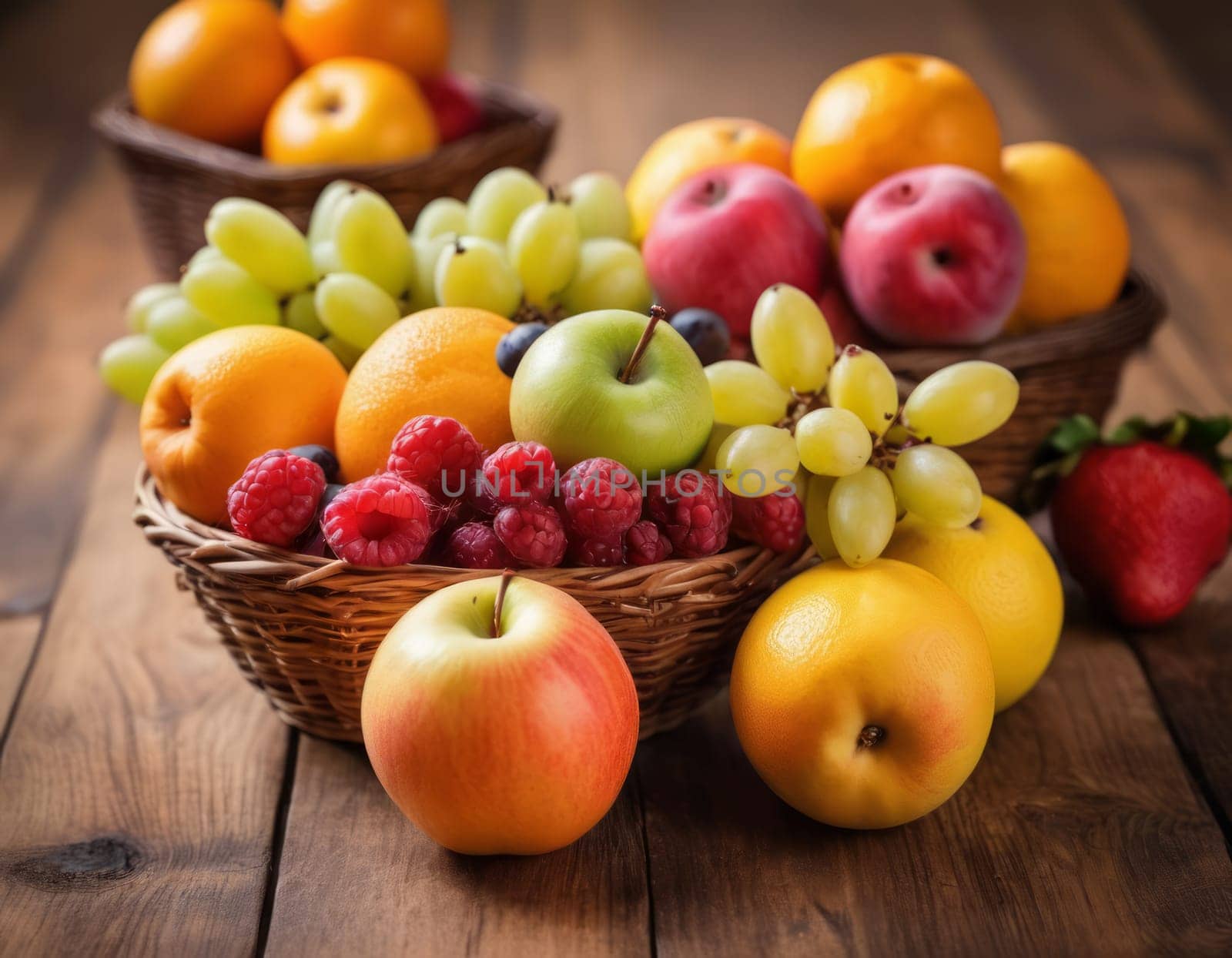 A sparkling basket filled with a variety of fresh fruits including apples, oranges and grapes. The vibrant colors are highlighted by natural sunlight filtering through the lush green backdrop. healthy lifestyle theme