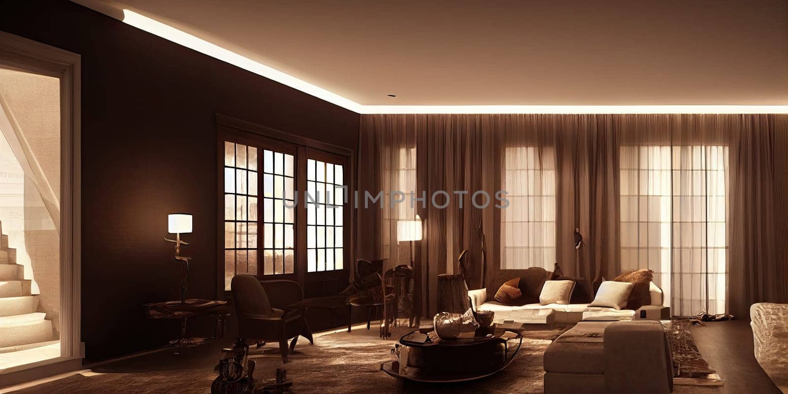 Large luxury modern elegant interiors Living room mockup. Modern style of furniture decoration. Generative AI illustration