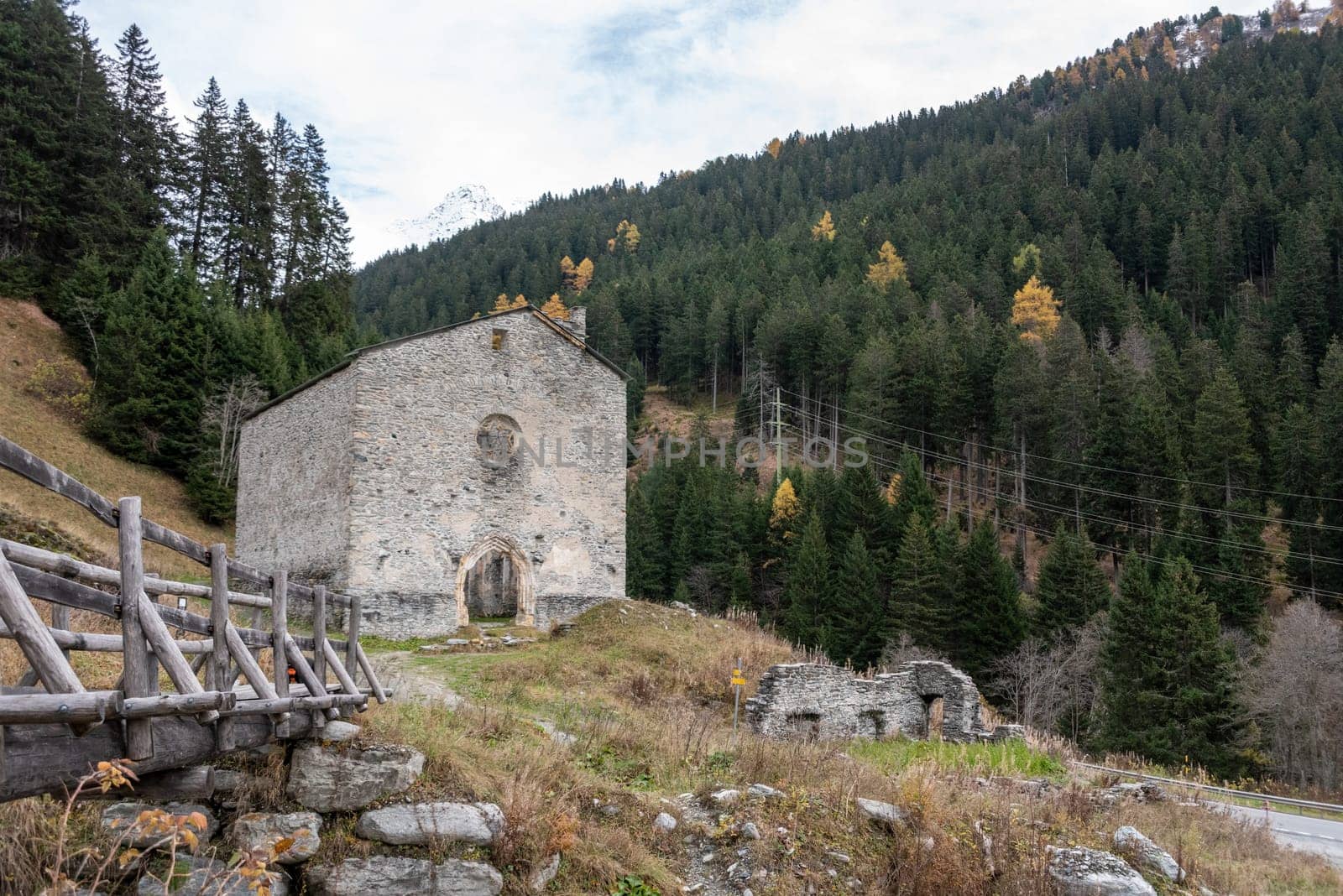 Abandoned gothic church San Gaudenzio at the Maloja pass, Switzerland