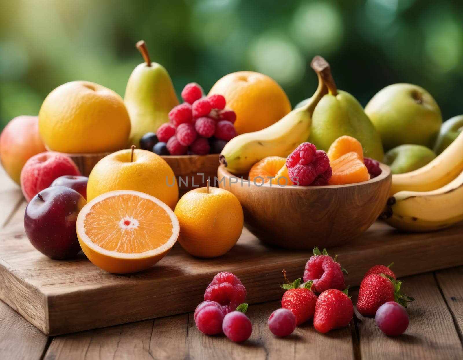 A sparkling basket filled with a variety of fresh fruits including apples, oranges and grapes. The vibrant colors are highlighted by natural sunlight filtering through the lush green backdrop. healthy lifestyle theme