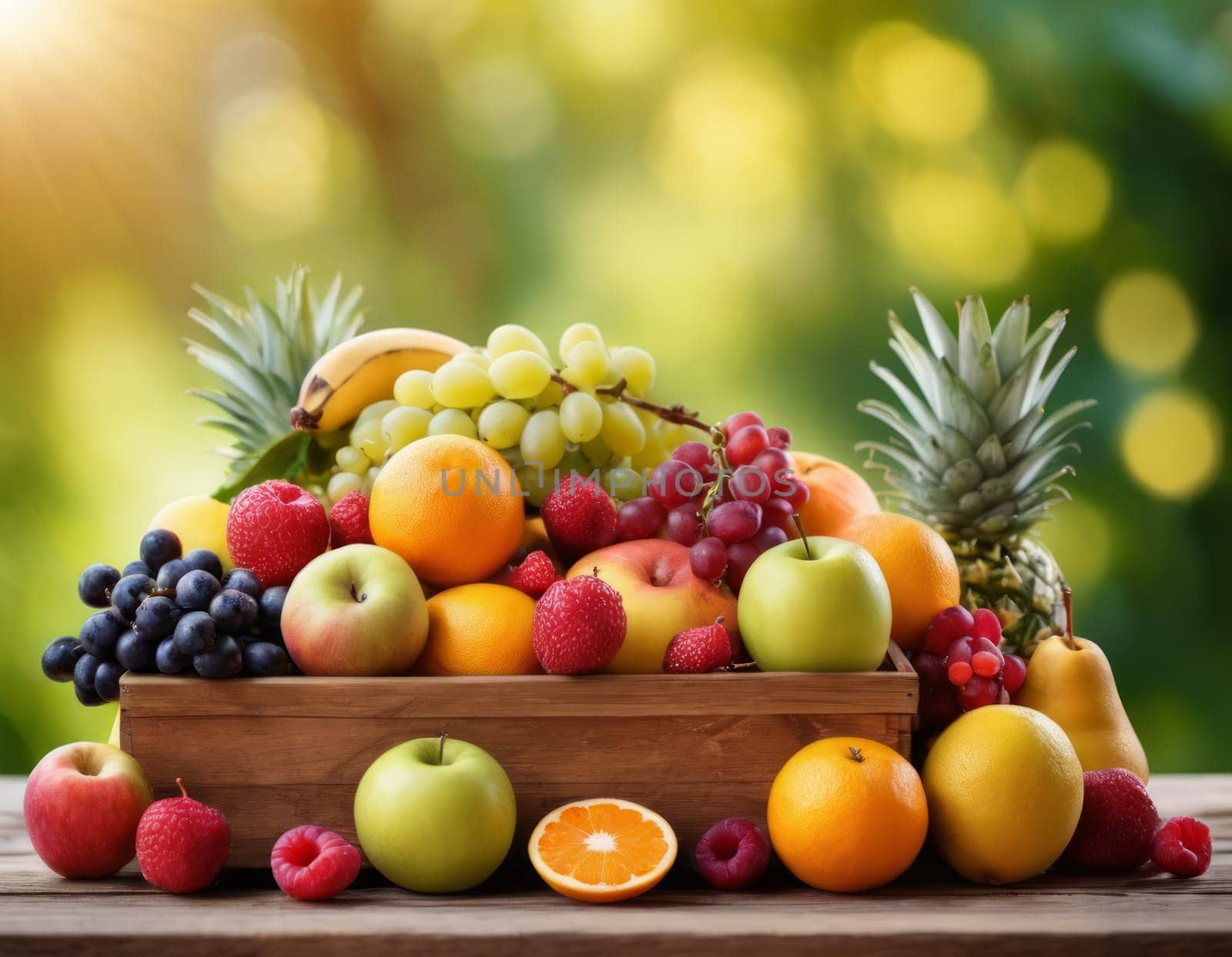 A sparkling basket filled with a variety of fresh fruits including apples, oranges and grapes. The vibrant colors are highlighted by natural sunlight filtering through the lush green backdrop. healthy lifestyle theme