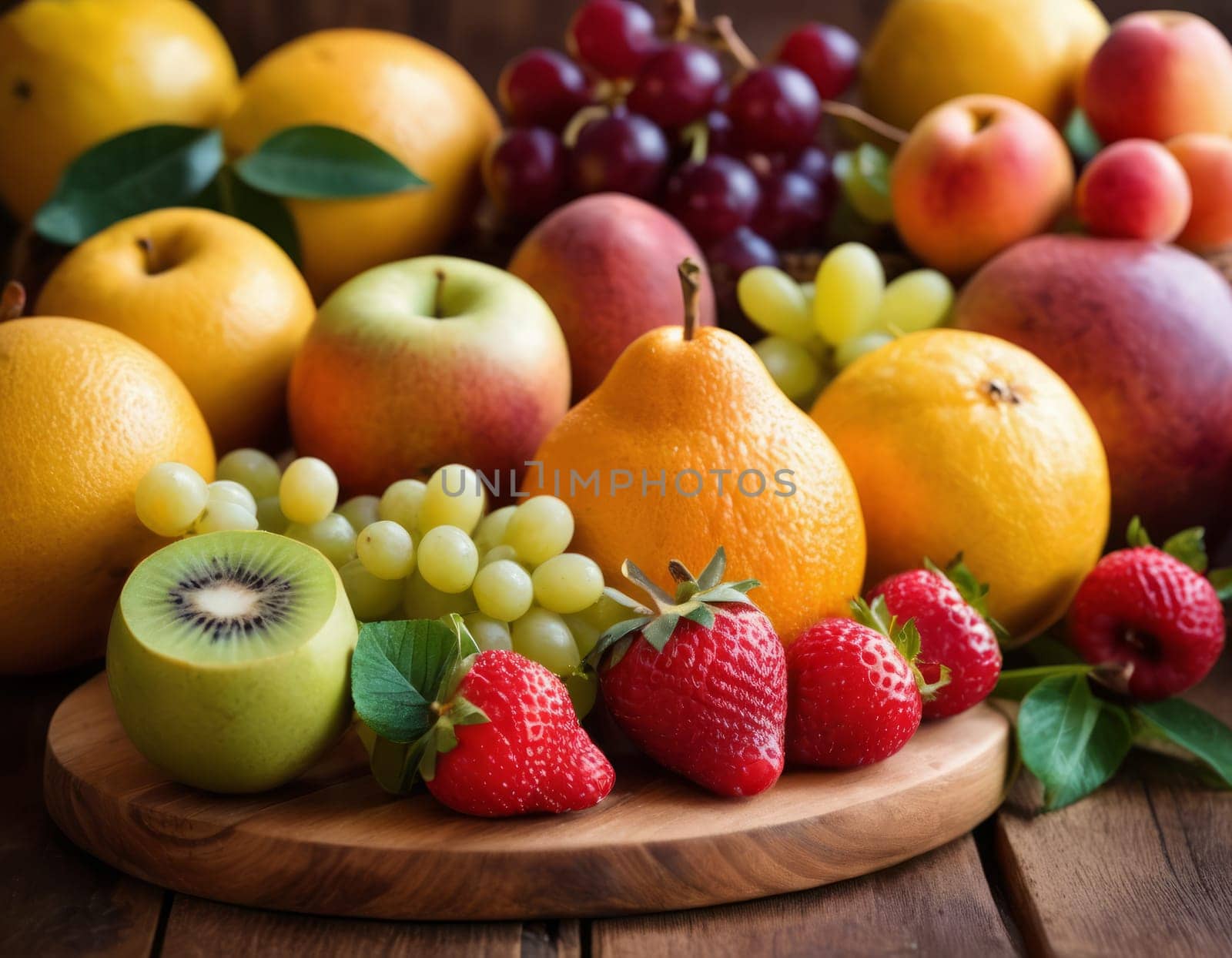 A sparkling basket filled with a variety of fresh fruits including apples, oranges and grapes. The vibrant colors are highlighted by natural sunlight filtering through the lush green backdrop. healthy lifestyle theme