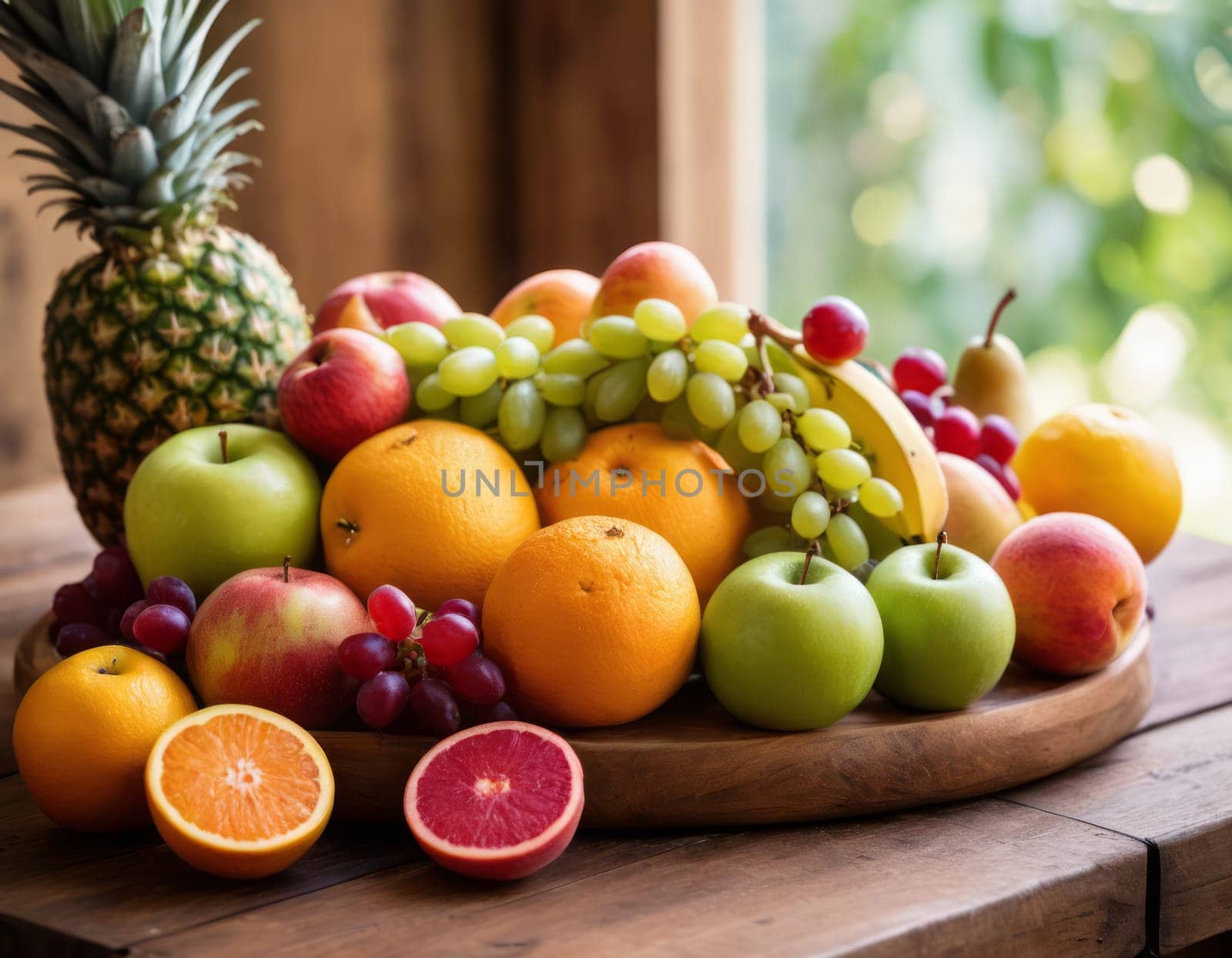 A sparkling basket filled with a variety of fresh fruits including apples, oranges and grapes. The vibrant colors are highlighted by natural sunlight filtering through the lush green backdrop. healthy lifestyle theme