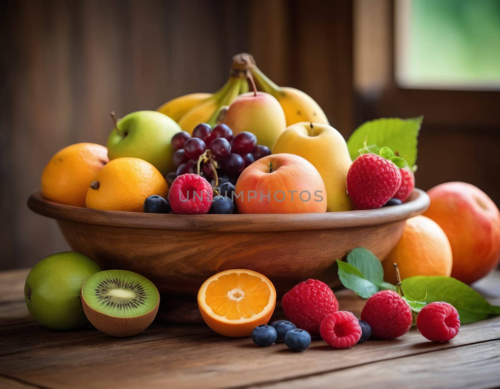 A sparkling basket filled with a variety of fresh fruits including apples, oranges and grapes. The vibrant colors are highlighted by natural sunlight filtering through the lush green backdrop. healthy lifestyle theme