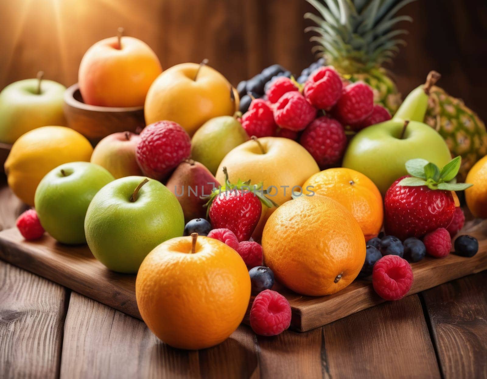 A sparkling basket filled with a variety of fresh fruits including apples, oranges and grapes. The vibrant colors are highlighted by natural sunlight filtering through the lush green backdrop. healthy lifestyle theme