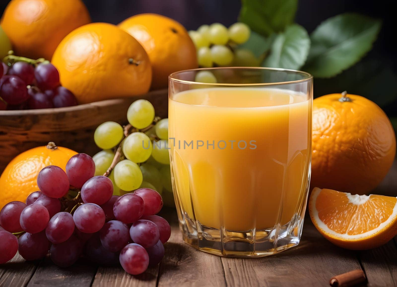 A glass of orange juice surrounded by fruit. Morning mood