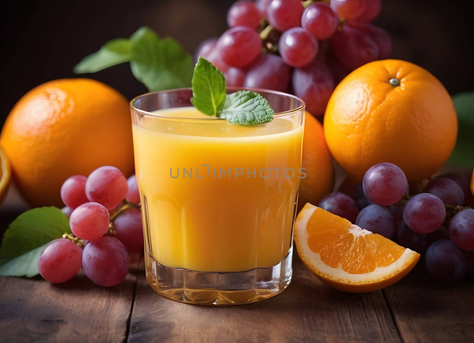 A glass of orange juice surrounded by fruit. Morning mood