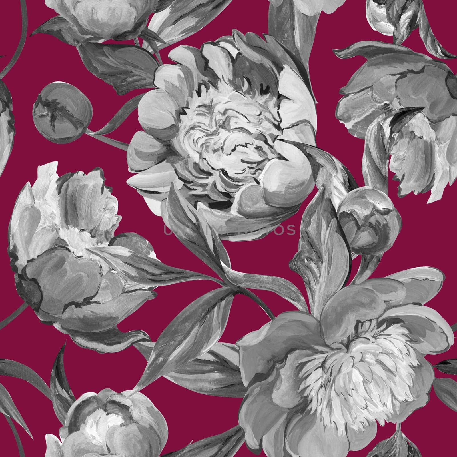 Seamless spring pattern drawn in gouache with pink peonies by MarinaVoyush