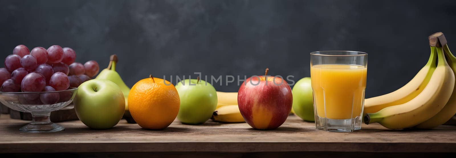 A glass of orange juice surrounded by fruit. Morning mood