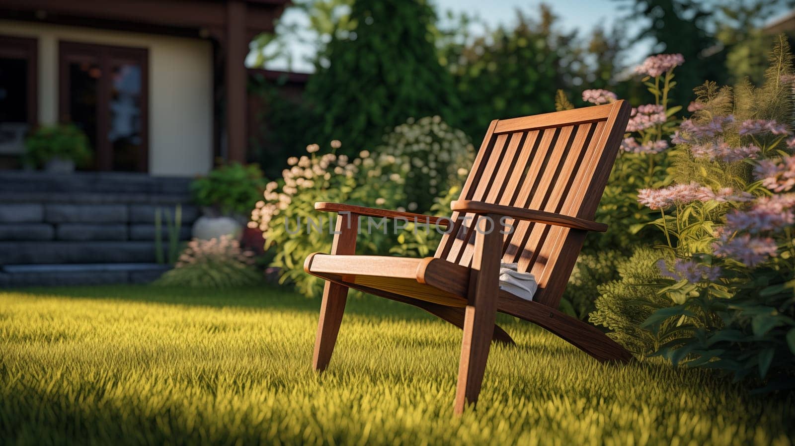 A wooden garden chair in blooming stands on a bright green neat lawn in the garden.