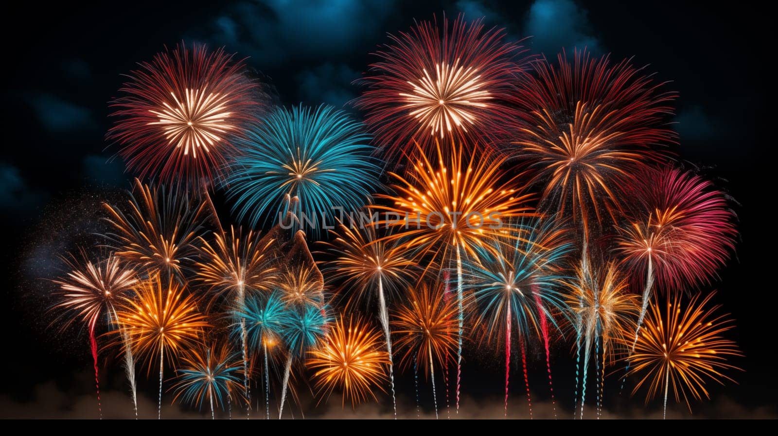 A stunning burst of multicolored fireworks light up the dark sky, by Zakharova