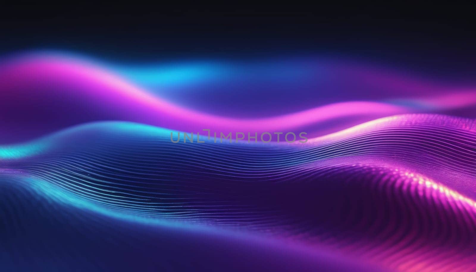 An abstract visual with flowing, wave-like patterns. The colors are purple, blue, and pink. The texture resembles fine grains. The lighting highlights the contours and shadows of the waves