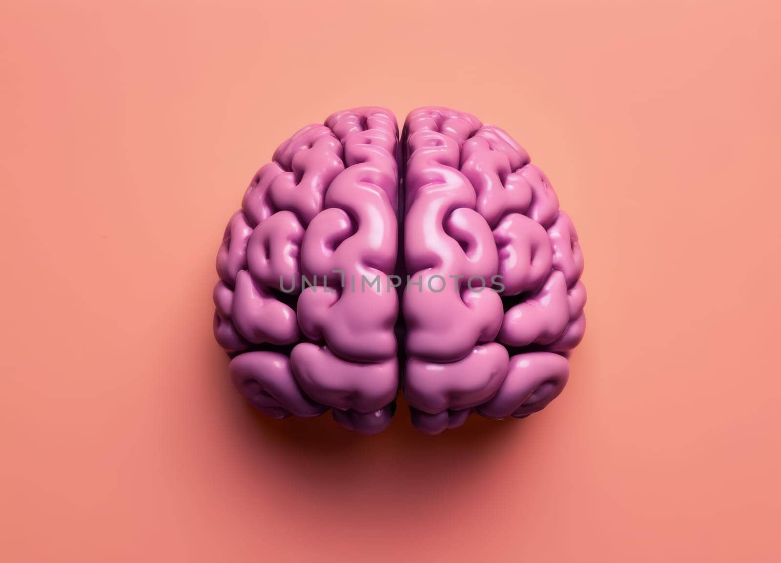 realistic human brain model placed against a gradient background transitioning from purple to peach. The brain is intricately detailed, showcasing the complex structure and folds typical of a human brain