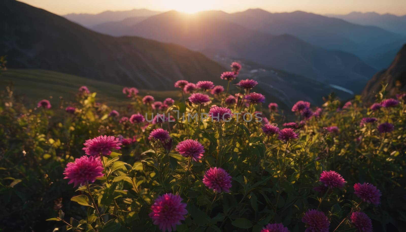 A serene and picturesque landscape during golden hour as warm sunlight softly illuminates the scene. A group of bright flowers stands out in the foreground, while layers of majestic mountains and a tranquil lake are visible in the background.