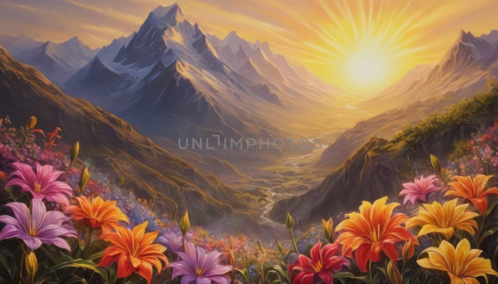 A breathtaking and serene landscape during sunrise or sunset. The warm and vibrant colors create an atmosphere of tranquility and awe. The sun, mountains, river, and flowers are the main elements of the scene.