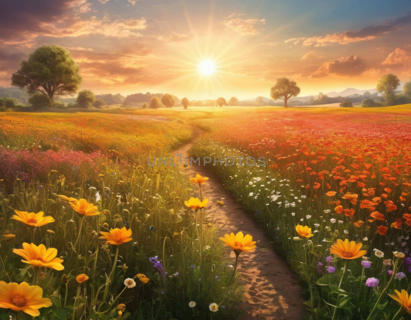 A breathtaking sunrise illuminating a vibrant meadow teeming with colorful blossoms. The serene landscape exudes warmth and tranquility as light rays dance over the flowers. A picturesque scene capturing nature s awakening