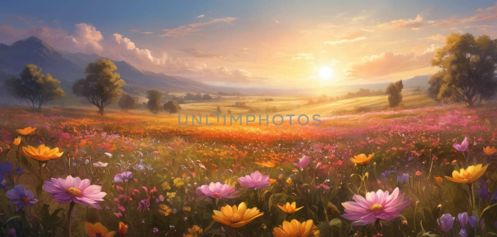 A breathtaking sunrise illuminating a vibrant meadow teeming with colorful blossoms. The serene landscape exudes warmth and tranquility as light rays dance over the flowers. A picturesque scene capturing nature s awakening