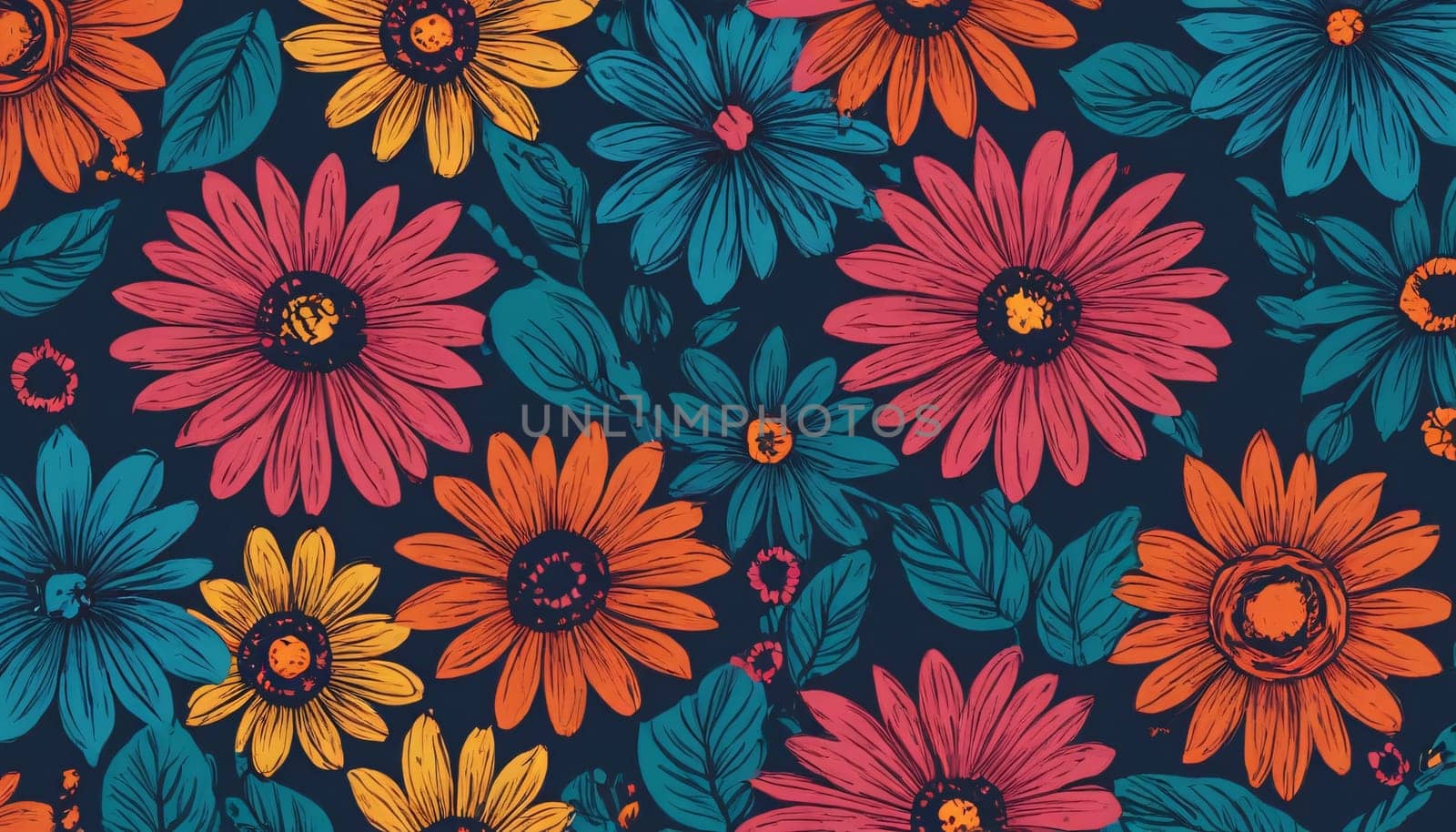 A vibrant and colorful collection of flowers set against a dark background. The flowers are illustrated in a detailed and artistic manner, giving the image a lively and cheerful appearance.