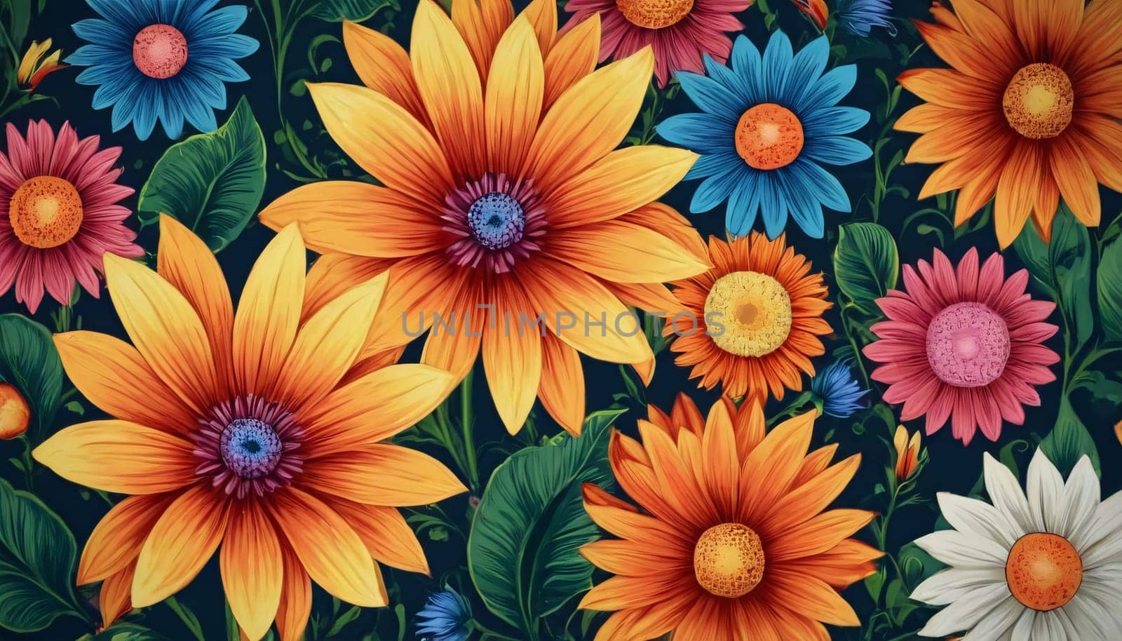 A vibrant and colorful collection of flowers set against a dark background. The flowers are illustrated in a detailed and artistic manner, giving the image a lively and cheerful appearance.