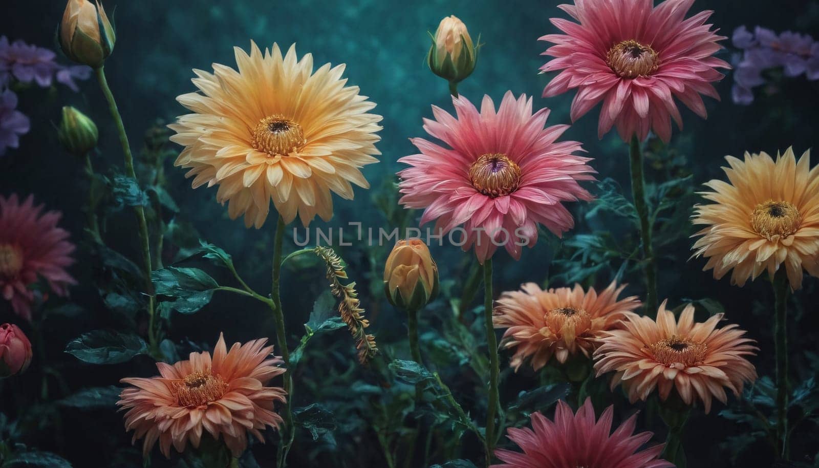 A collection of vibrant and detailed flowers against a dark teal background. The flowers are in full bloom, showcasing their intricate petal structures and rich colors.