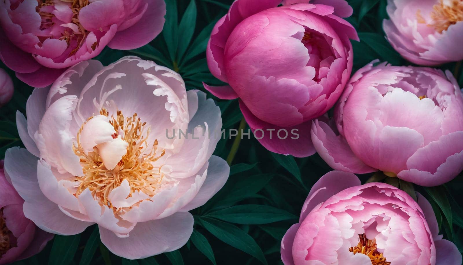 A close-up view of vibrant and delicate peonies. The flowers are captured in various stages of bloom, exuding a sense of natural beauty and elegance.