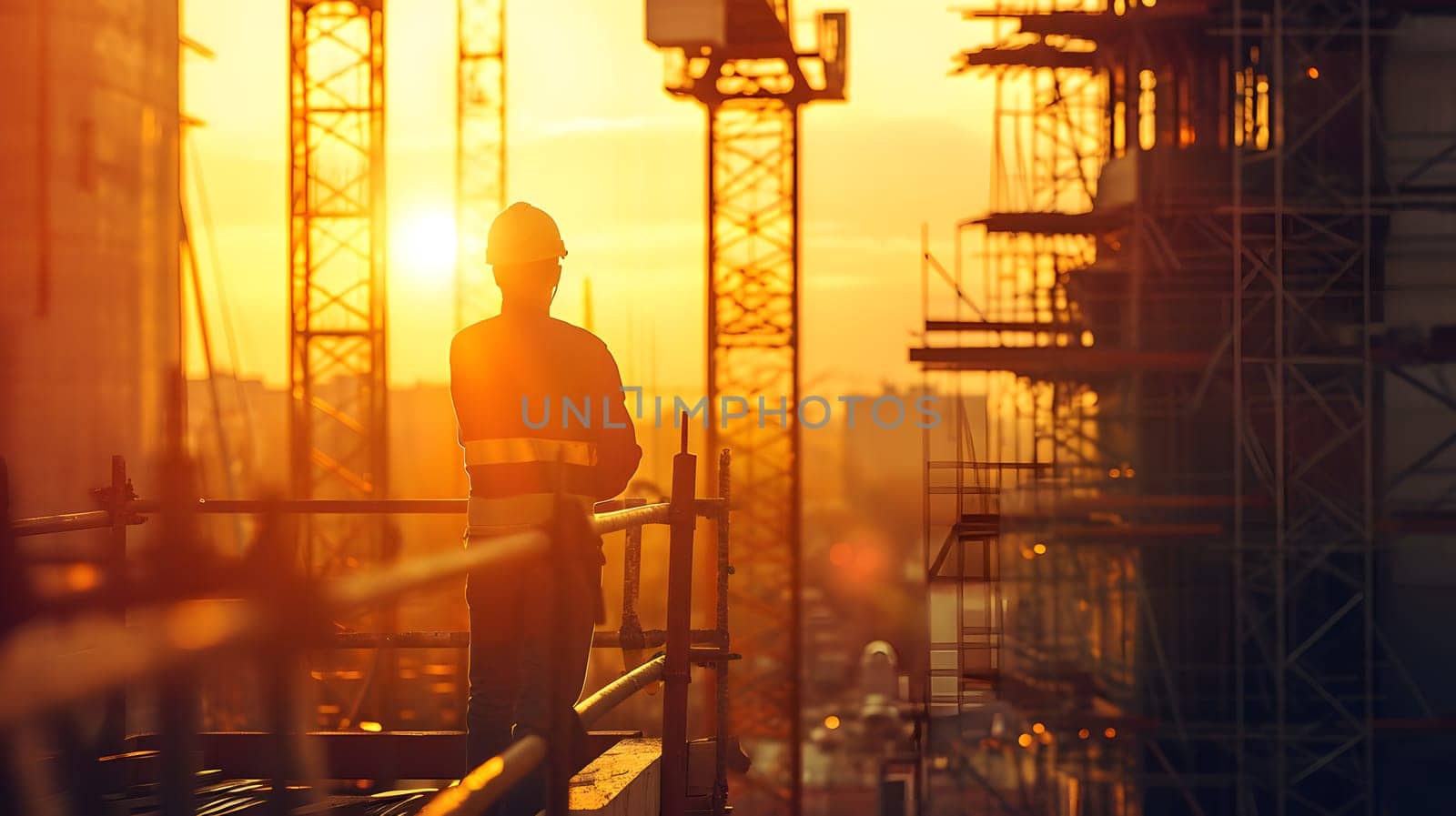 worker at multistorey building construction site, generative ai. High quality photo