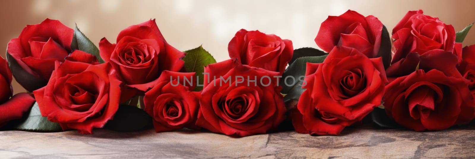 Beautiful banner with red roses background of Mothers, Valentine Day, Birthday, Anniversary, Wedding. Copy space. For advertisement, greeting card mockup, presentation, header, poster, website, print. by Angelsmoon