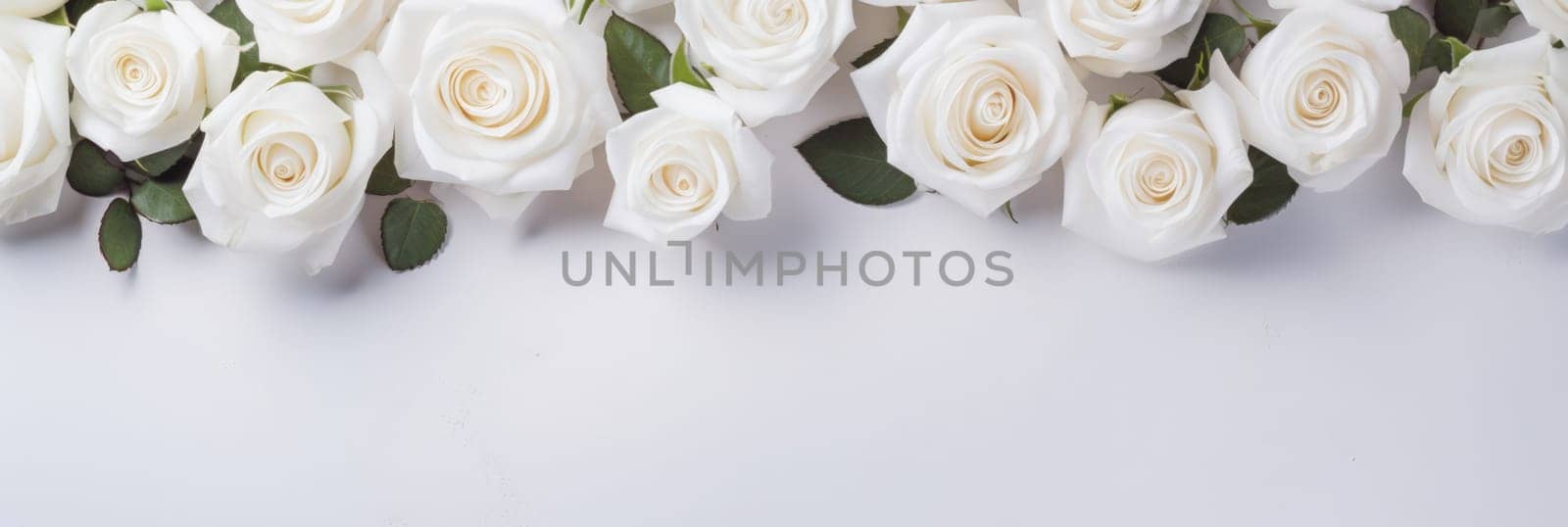 Beautiful banner with white roses background of Mothers, Valentine Day, Birthday, Anniversary, Wedding. Copy space. For advertisement, greeting card mockup, presentation, header, poster website