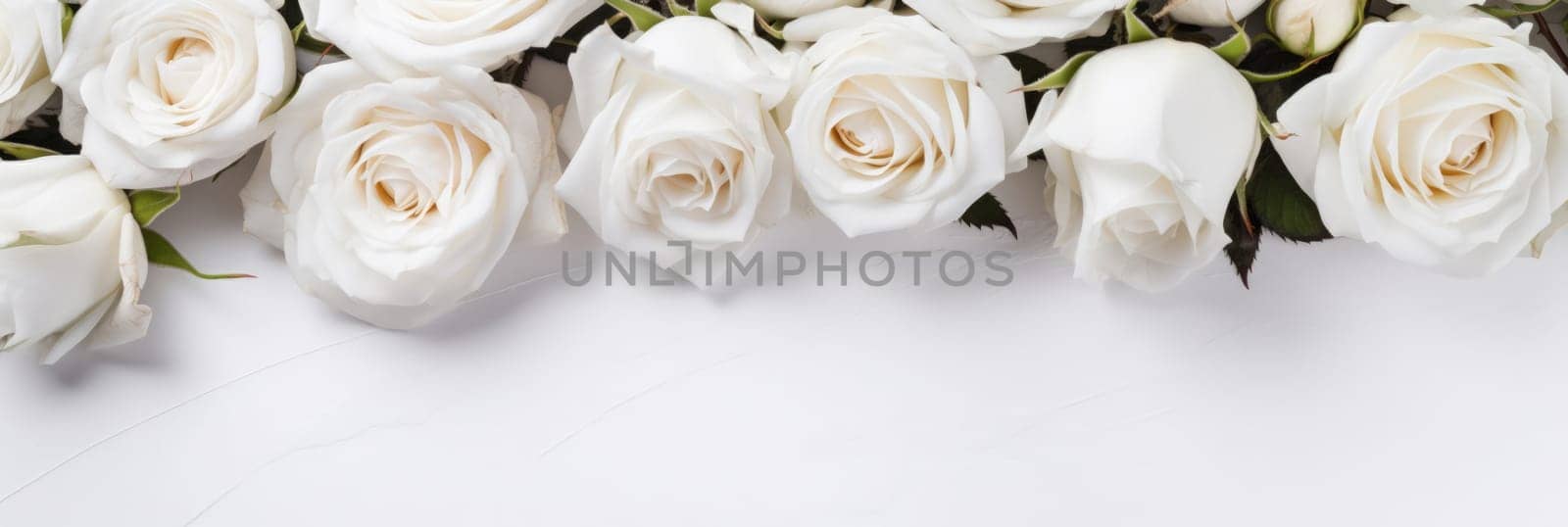 Beautiful banner with white roses background of Mothers, Valentine Day, Birthday, Anniversary, Wedding. Copy space. For advertisement, greeting card mockup, presentation, header, poster website