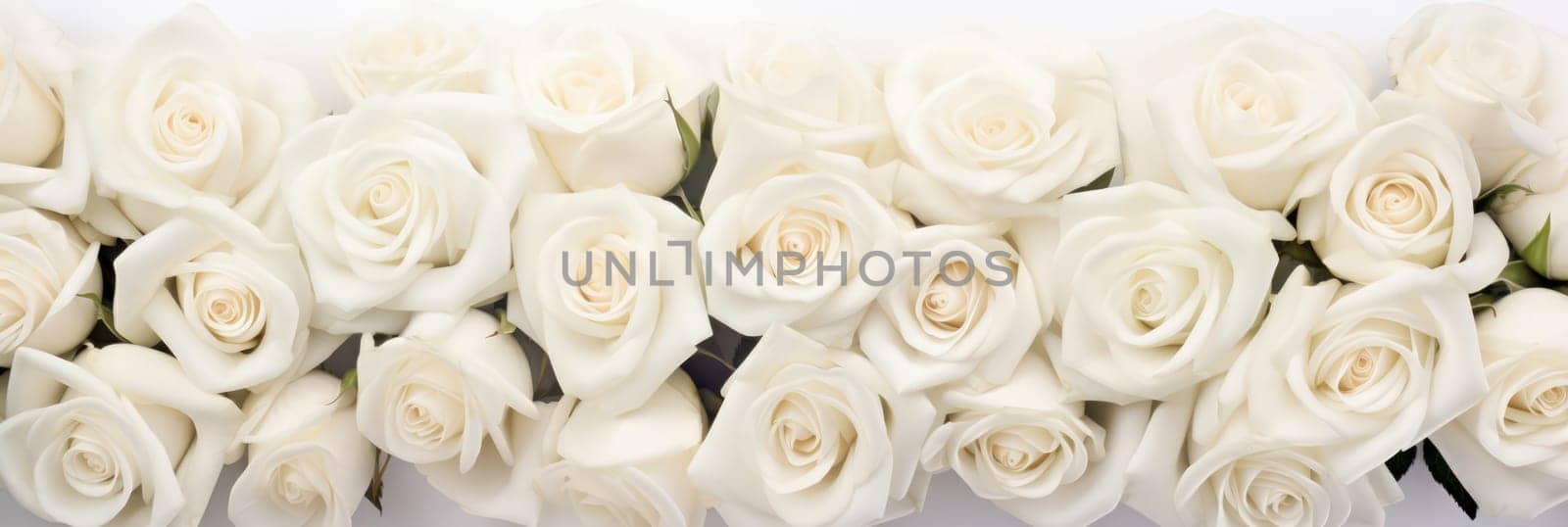 Beautiful banner with white roses background of Mothers, Valentine Day, Birthday, Anniversary, Wedding. Copy space. For advertisement, greeting card mockup, presentation, header, poster website