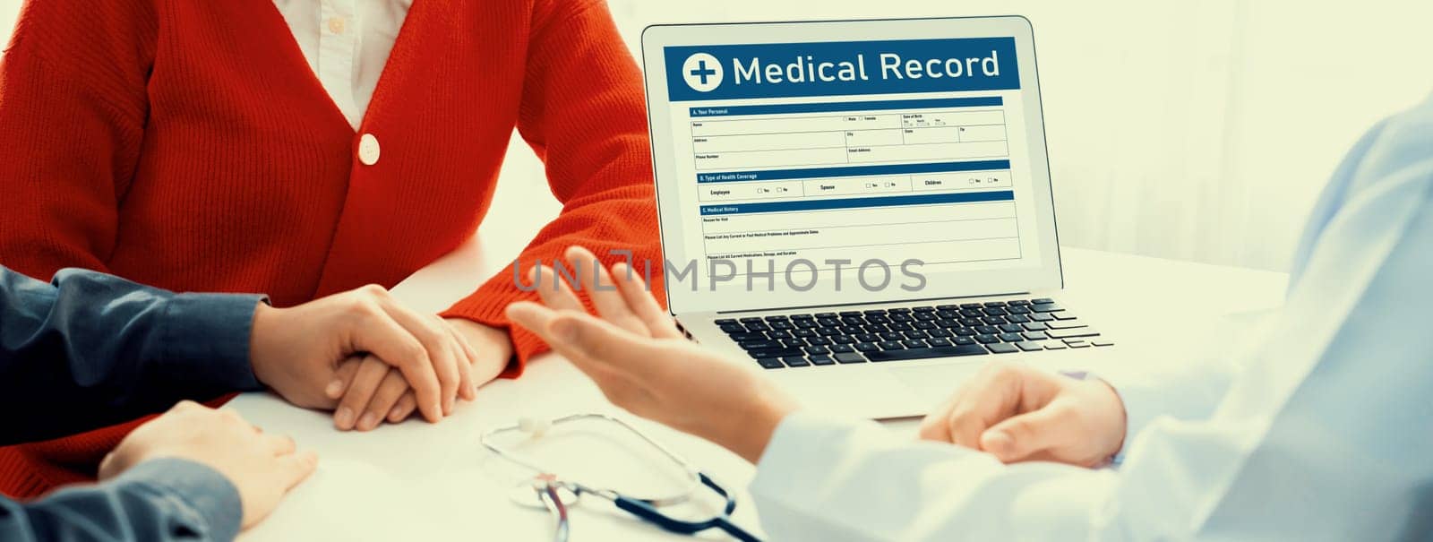 Couple attend fertility or medical consultation with gynecologist at hospital as family planning care for pregnancy. Husband and wife consoling each other through doctor appointment. Panorama Rigid