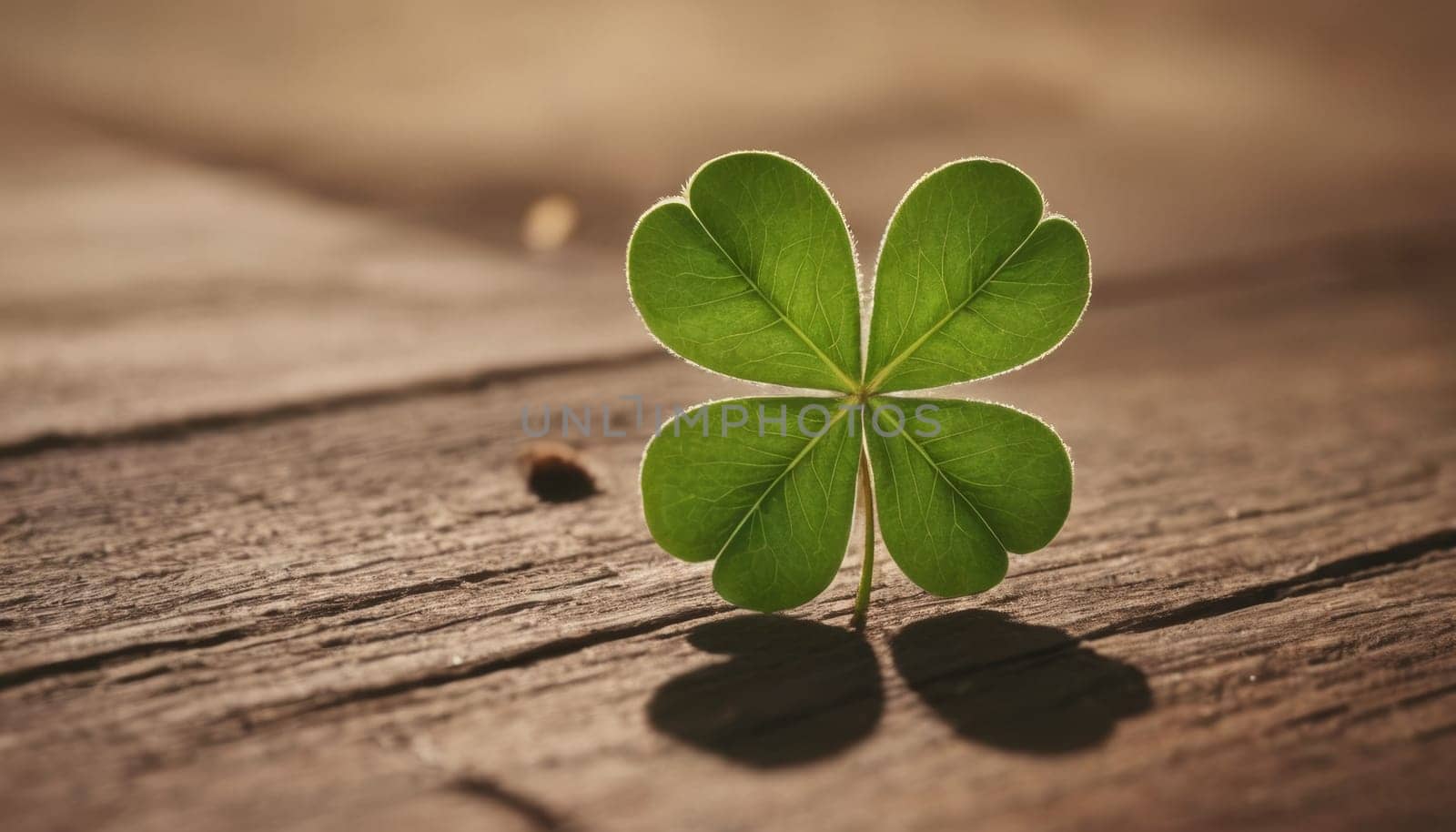 A macro shot of a bright green four-leaf clover with water droplets on a dark brown wooden background. This image conveys a sense of luck, nature, and beauty.