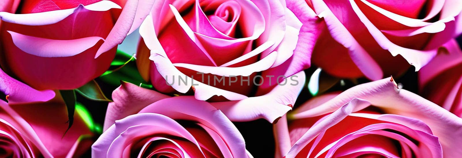 Beautiful banner with pink roses background of Mothers, Valentine Day, Birthday, Anniversary, Wedding. Copy space. For advertisement, greeting card mockup, presentation, header, poster, website print