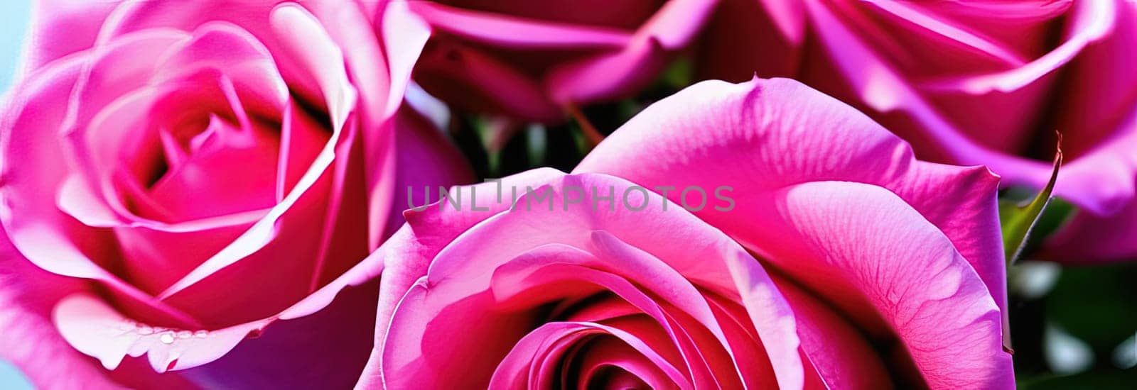 Beautiful banner with pink roses background of Mother, Valentine Day, Birthday, Anniversary, Wedding. Copy space. For advertisement, greeting card mockup, presentation, header, poster, website, print. by Angelsmoon