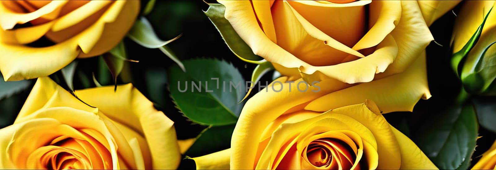 Beautiful banner with yellow roses background of Mothers, Valentine Day, Birthday, Anniversary, Wedding. Copy space. For advertisement, greeting card mockup, presentation, header, poster, website. by Angelsmoon