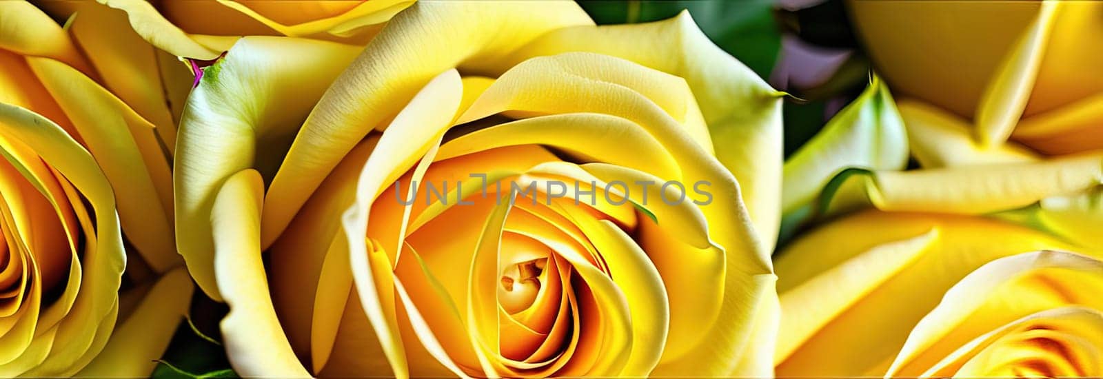 Beautiful banner with yellow roses background of Mothers, Valentine Day, Birthday, Anniversary, Wedding. Copy space. For advertisement, greeting card mockup, presentation, header, poster website