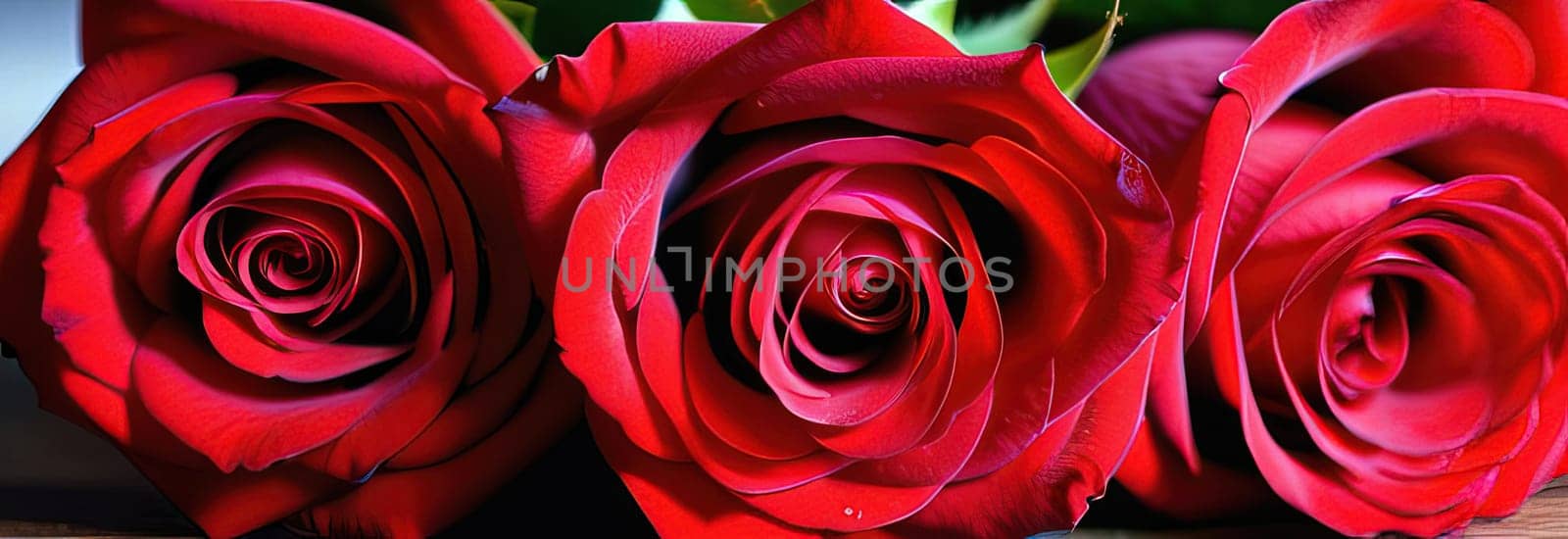 Beautiful banner with red roses background of Mothers, Valentine Day, Birthday, Anniversary, Wedding. Copy space. For advertisement, greeting card mockup, presentation, header, poster, website print