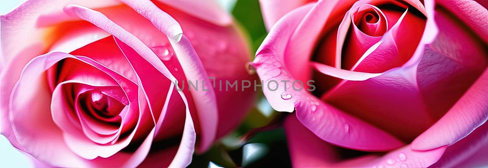 Beautiful banner with pink roses background of Mother, Valentine Day, Birthday, Anniversary, Wedding. Copy space. For advertisement, greeting card mockup, presentation, header, poster, website, print. by Angelsmoon