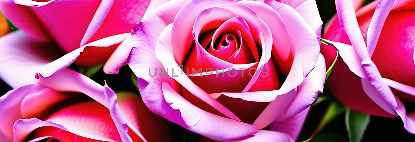 Beautiful banner with pink roses background of Mothers, Valentine Day, Birthday, Anniversary, Wedding. Copy space. For advertisement, greeting card mockup, presentation, header, poster, website print