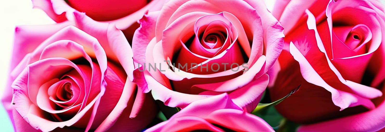 Beautiful banner with pink roses background of Mothers, Valentine Day, Birthday, Anniversary, Wedding. Copy space. For advertisement, greeting card mockup, presentation, header, poster, website print