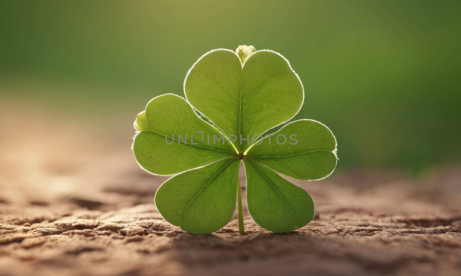 A stunning image of a large green clover leaf backlit by the golden sun. The leaf is surrounded by shadows and plants on the forest floor, creating a contrast between light and dark.