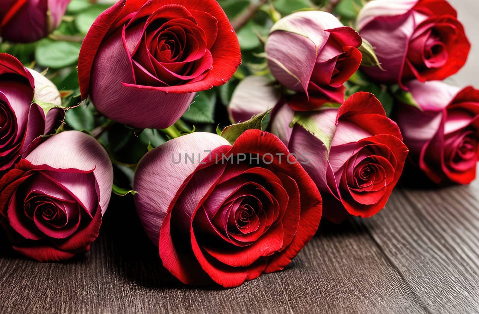 Beautiful banner with red roses background of Mothers, Valentine Day, Birthday, Anniversary, Wedding. Copy space. For advertisement, greeting card mockup, presentation, header, poster, website print